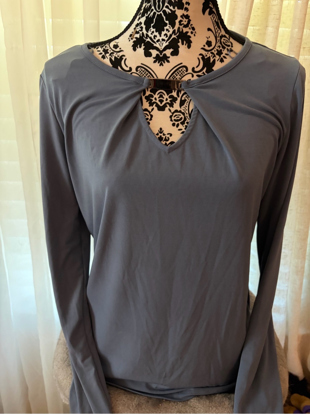 Tahari Slate Gray Long-Sleeve Keyhole Top
